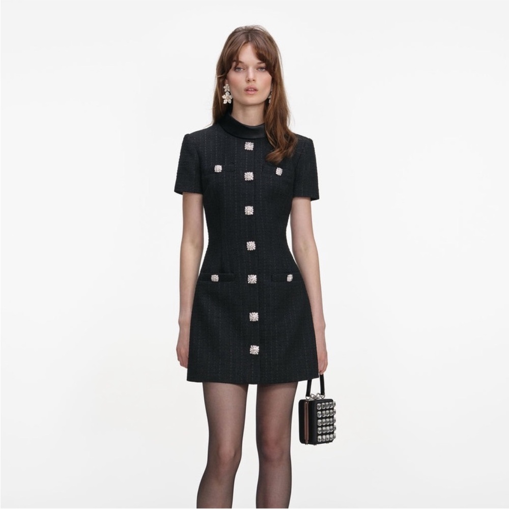 Self-Portrait NEW BLACK BOUCLE COLLARED MINI DRESS - Picture 1 of 7